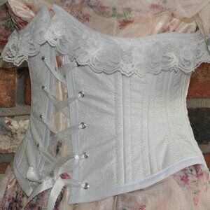 Lace-up Underbust Waspie Waist Corset Embossed Floral White Faux Leather XXS